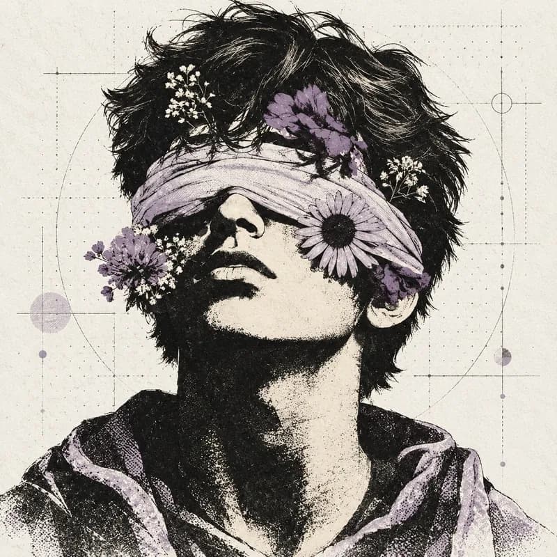 Charcoal and lilac illustration of an upward-facing figure with a floral blindfold, on textured drafting paper.