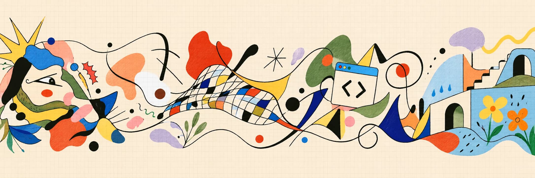 A colorful sketchbook collage of flowing grids, code brackets, playful shapes, and flowers on cream graph paper